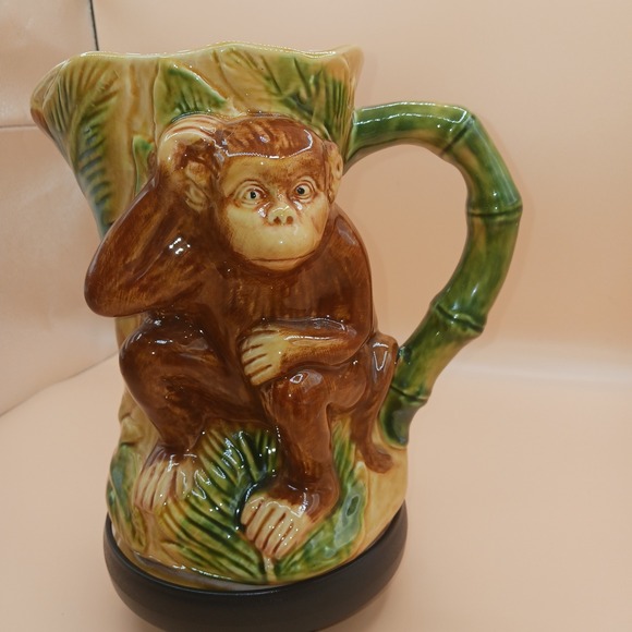 Unbranded Other - Vtg Ceramic Monkey Pitcher Bamboo Handle Tropical Jungle Palm Leaf Decor Maxcera
